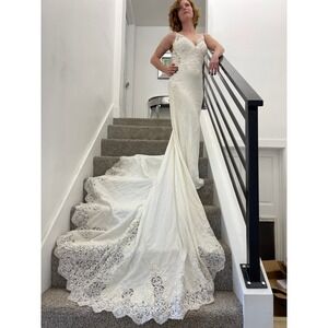 Martina Liana Wedding Dress 10 Cream Lace Mermaid Beaded Train Bridal Gown